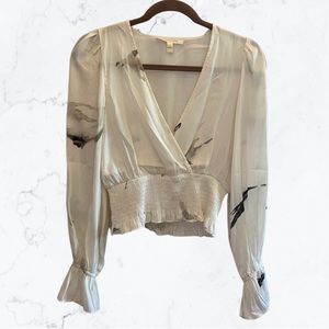 Grade & Gather Satin Surplice Long Sleeve Bone White Blouse - Size Small